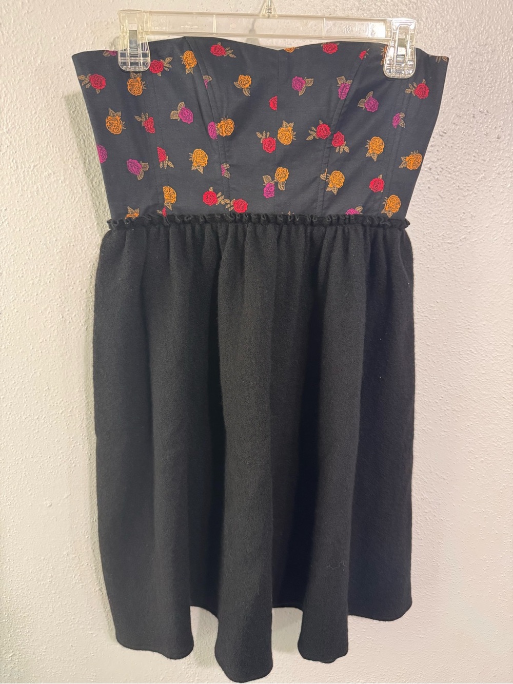 Anthropologie Maple Strapless Black Dress w Pink Orange Red Floral Bodice small